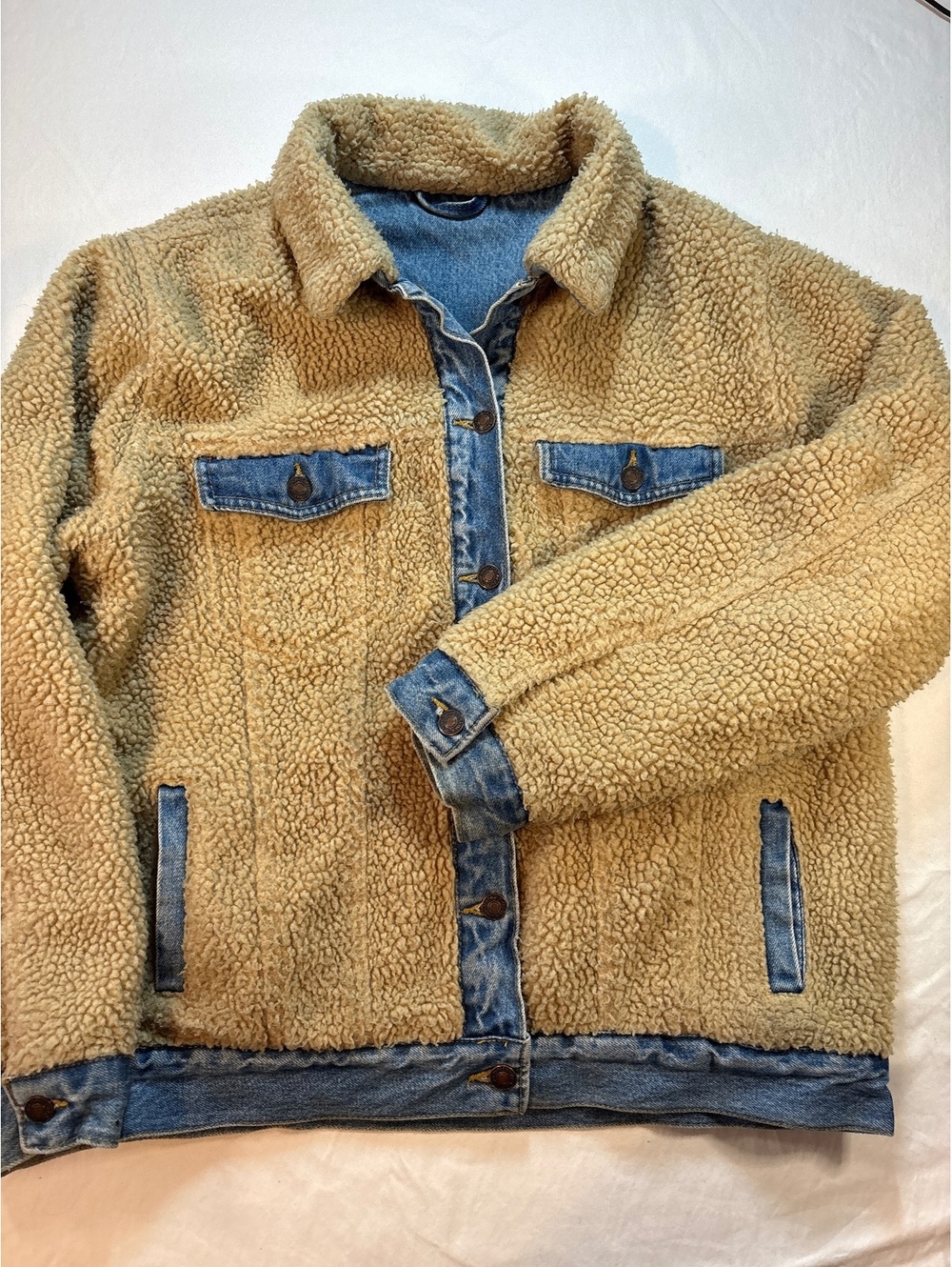 Reversible Denim Sherpa Trucker Jacket Men’s Large Teddy Fleece Jean Coat